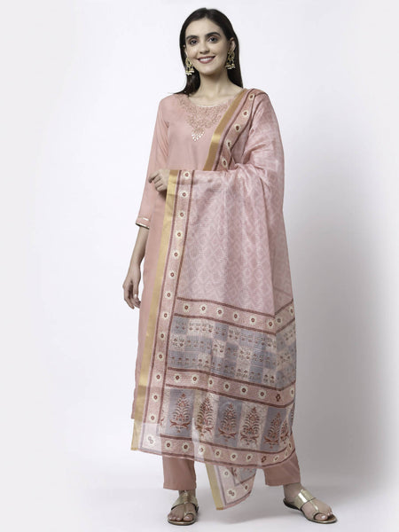 Myshka Women Peach Silk Blend Embroidered 3/4 Sleeve Round Neck Kurta Pant Dupatta Set