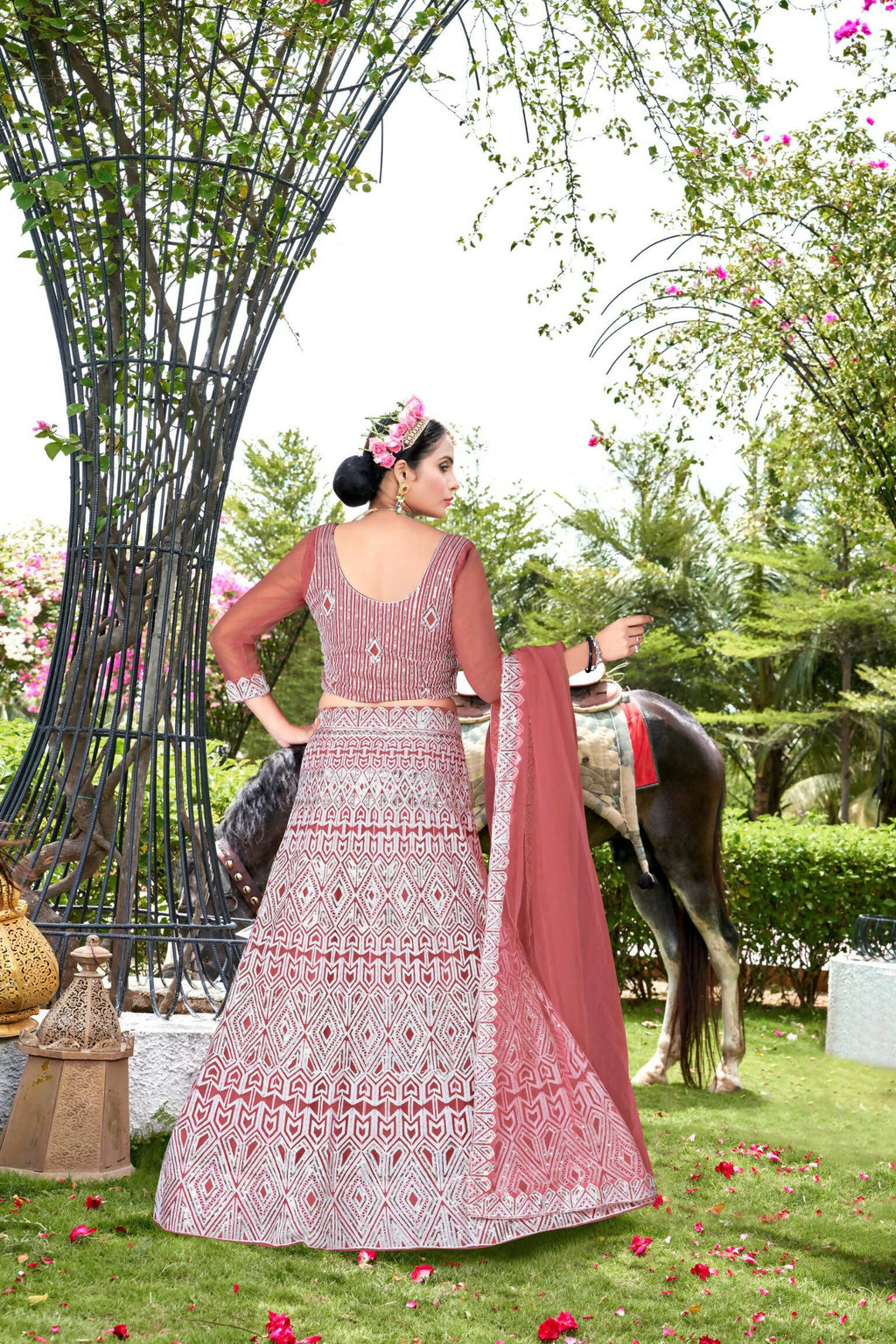 Pink Net Embroidered Semi Stitched Lehenga Choli with Dupatta - Bhagya