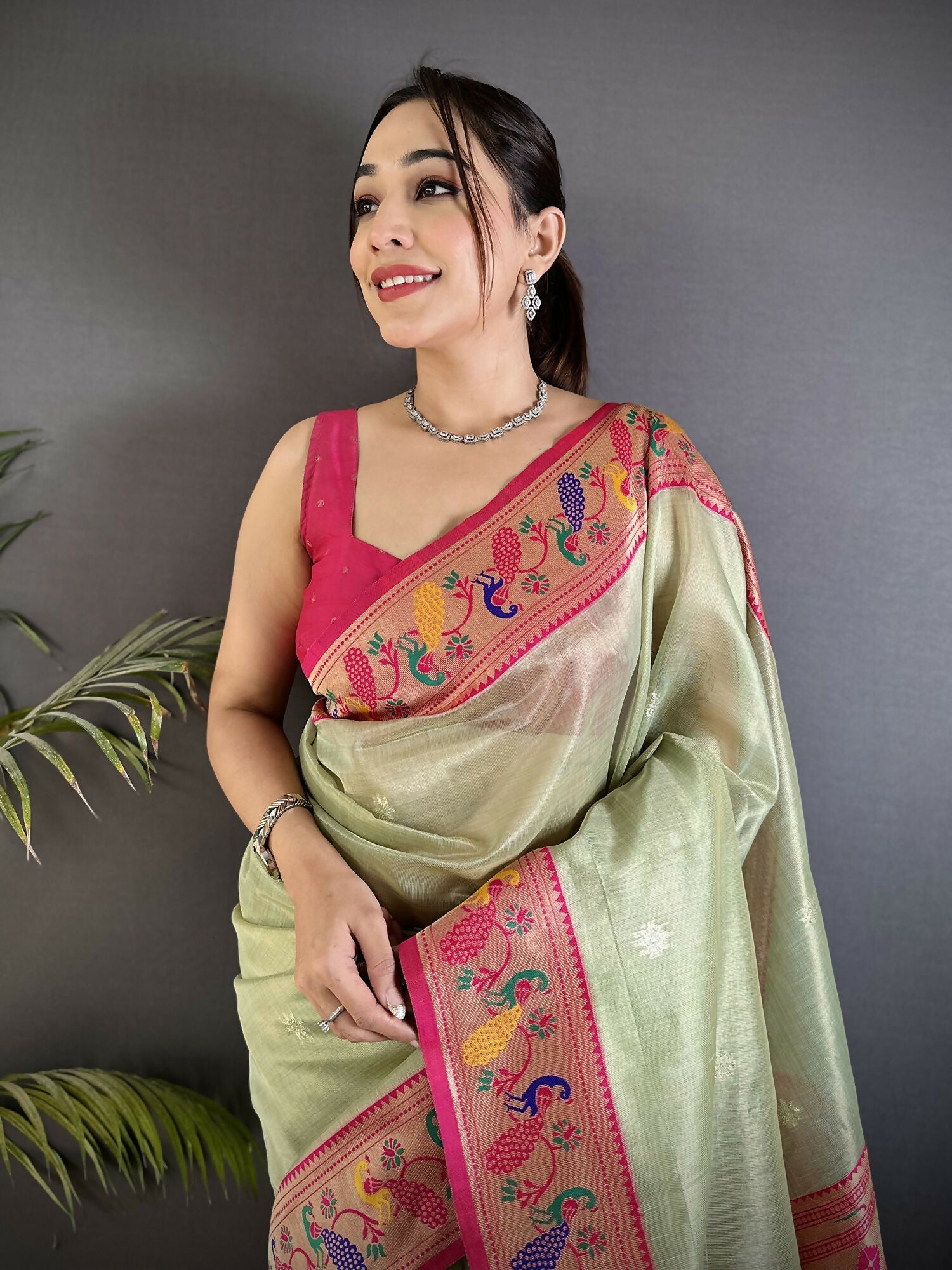 Joban Fashion Pista Green Zari Weaving Tissue Paithani Saree