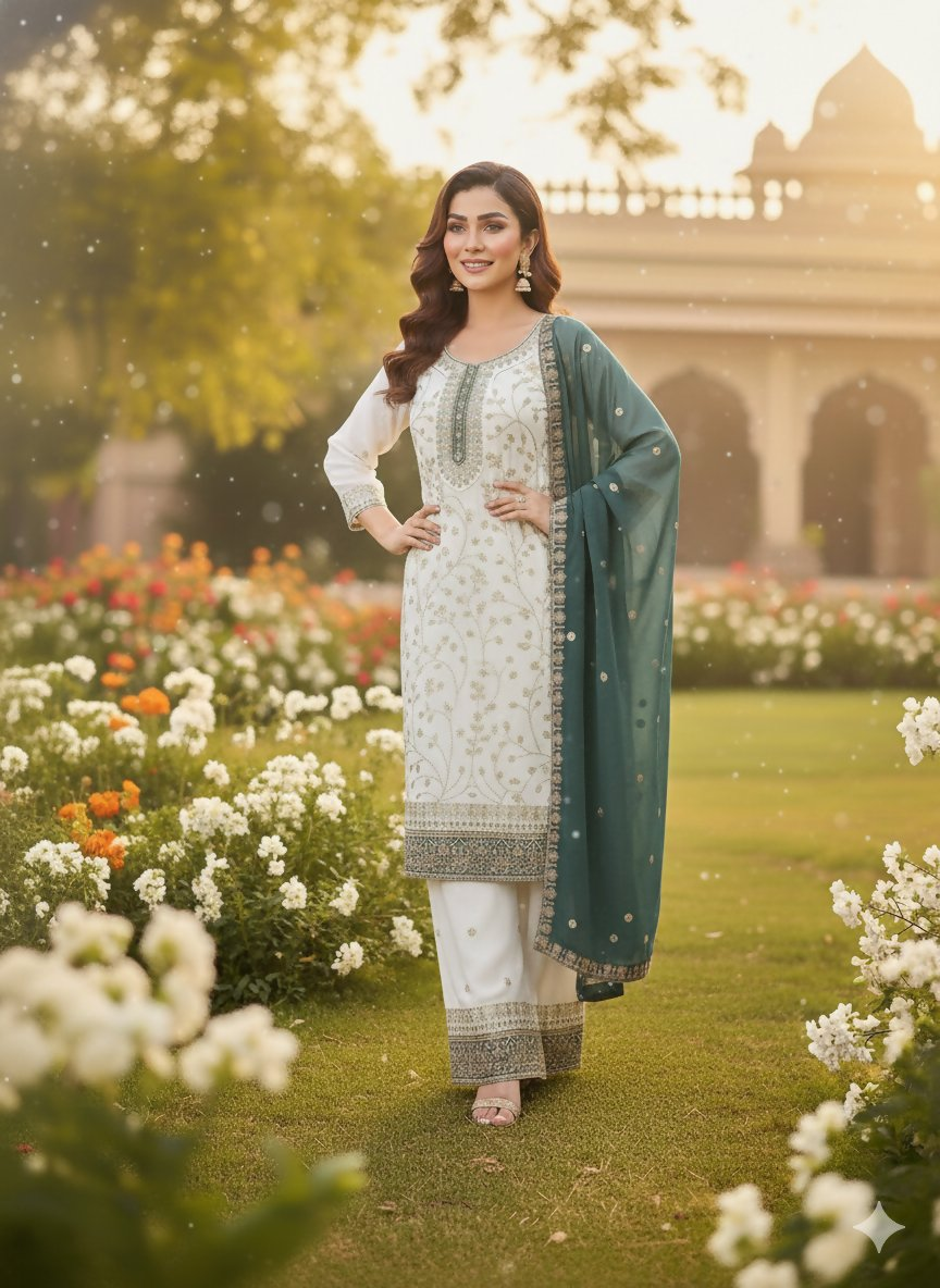 Teeya Creation White Color Faux Georgette Embroidery Work Long Party Wear Palazzo Suit - Distacart