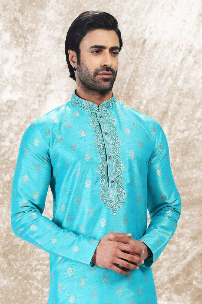 Raivat Ethnic Jacquard Silk Brocade Thread Work Kurta Pajama In Sky Blue Colour