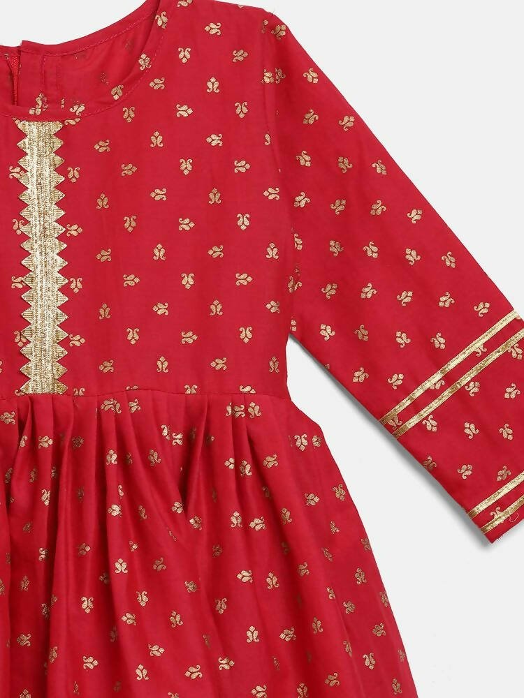 Ahalyaa Red Crepe Gold Printed Kids Kurta Sharara Set For Girls