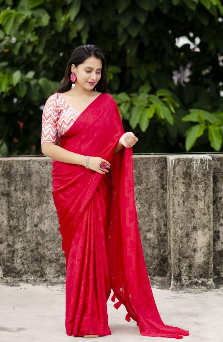 Red Silk Blend Ethnic Motifs Saree with Unstitched Blouse - Hiral Fashion