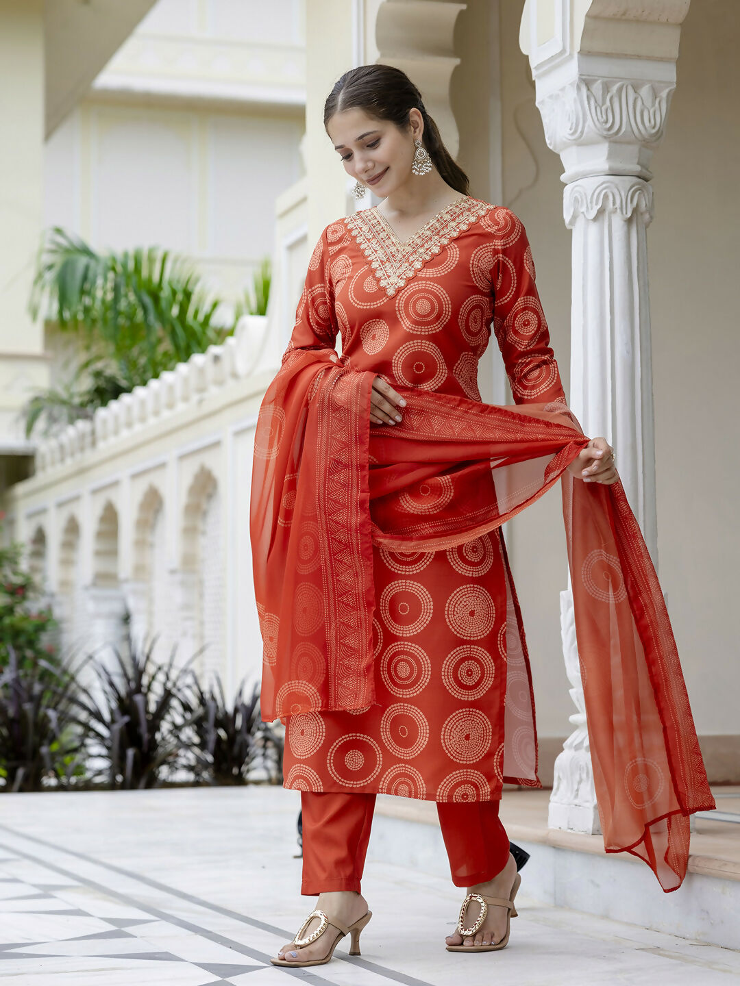 The52 Orange Women's Gorgeous Rayon Embroidered Straight Kurta with Pant And Dupatta Set - Distacart