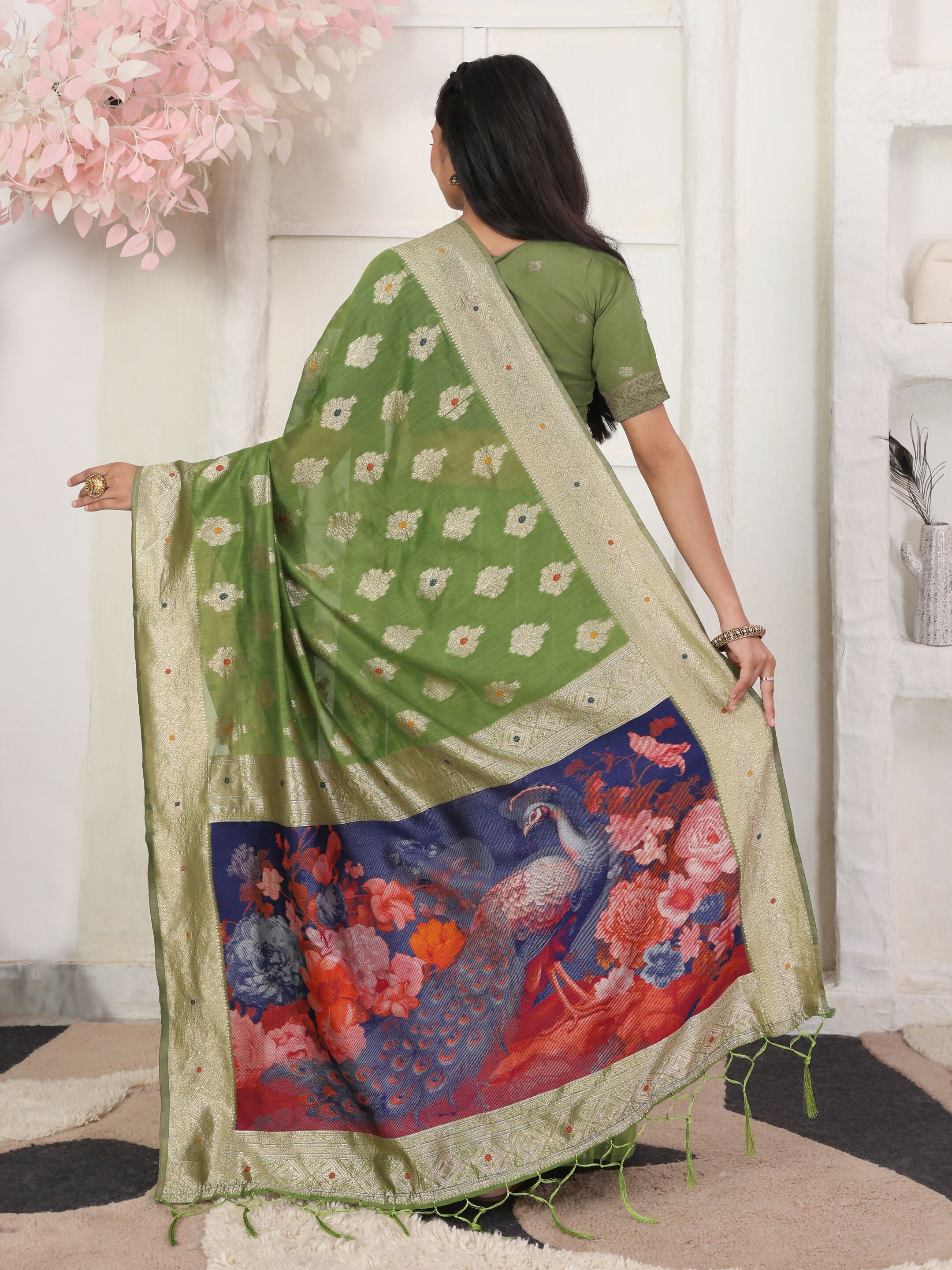 Shree Shyam Fashion Linen Cotton Green Saree - Distacart