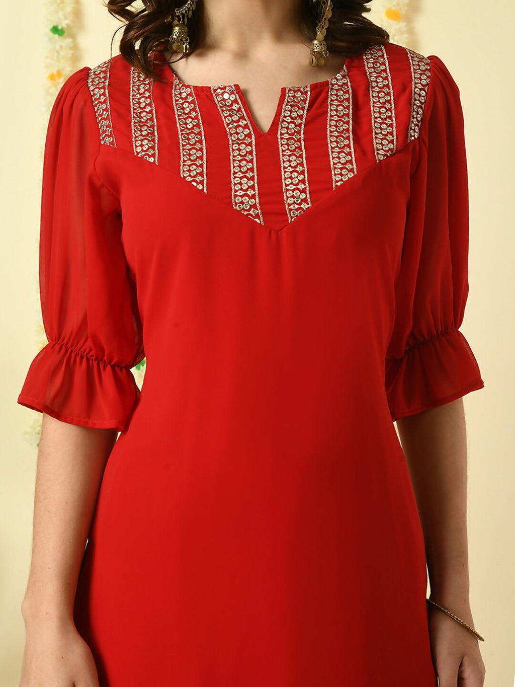 Myshka Women's Red Georgette Kurta With Trousers Party Sets