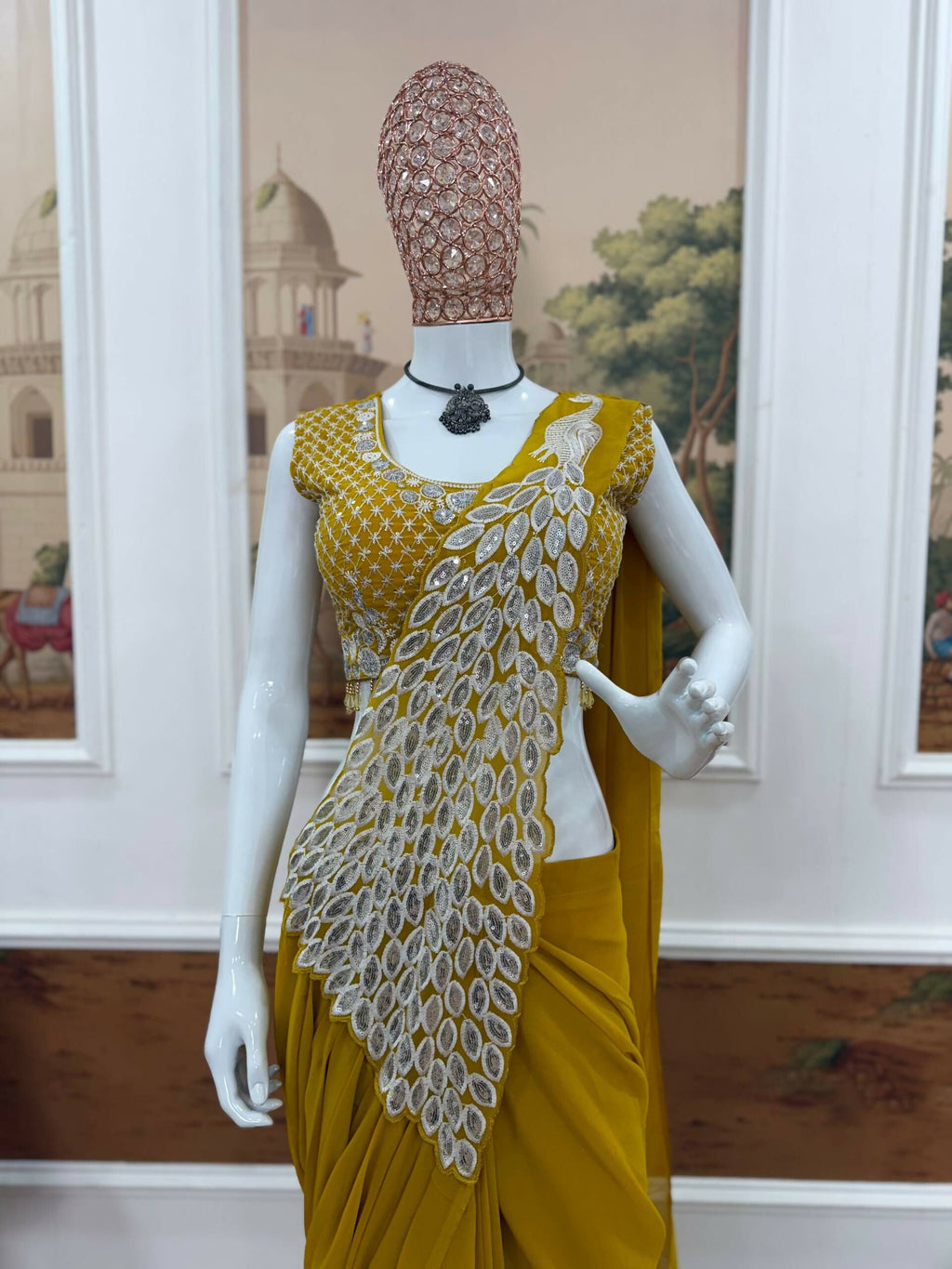 Teeya Creation Yellow Color Faux Georgette Embroidery Work Party Wear Ready To Wear Saree - Distacart