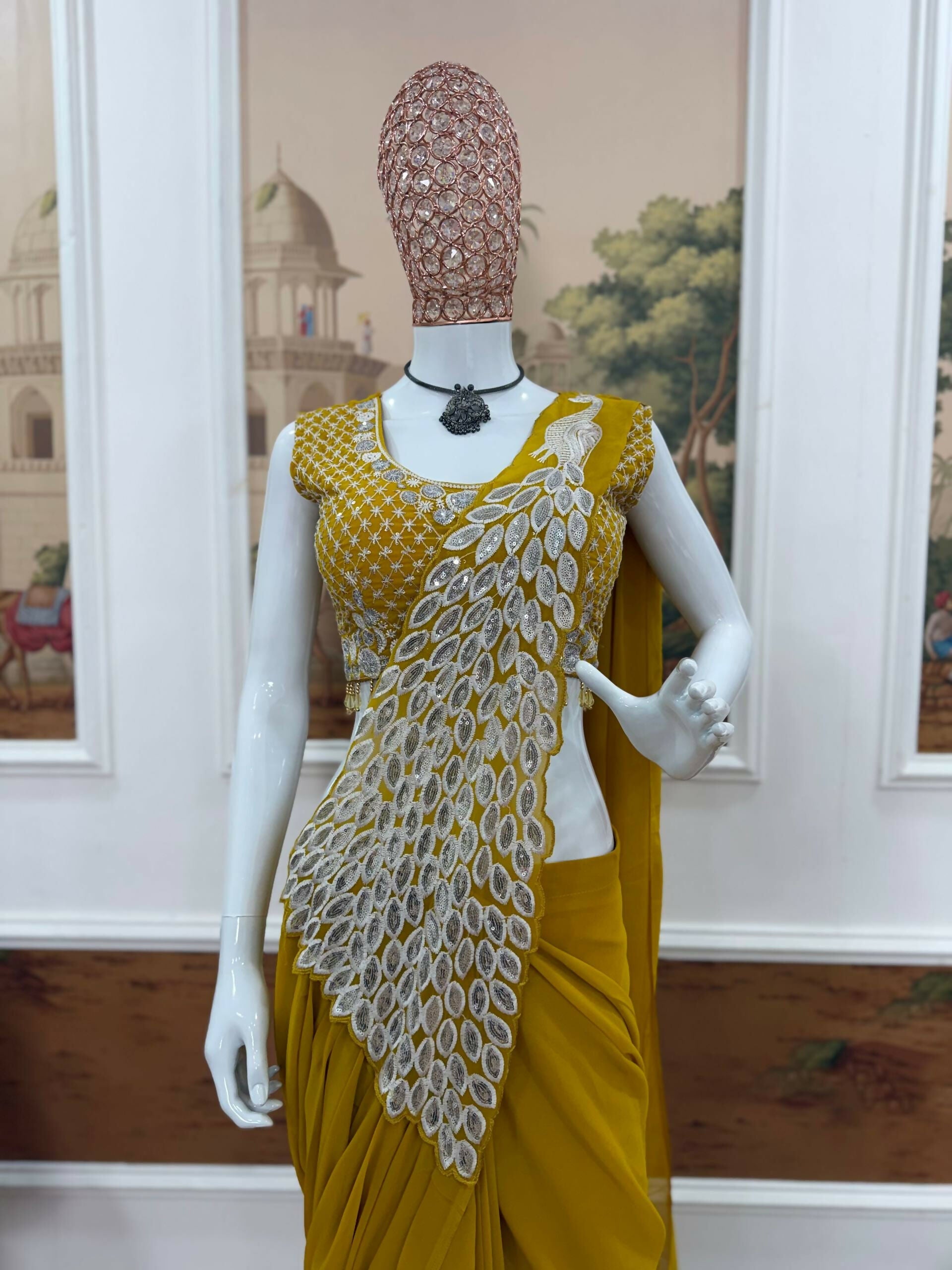 Teeya Creation Yellow Color Faux Georgette Embroidery Work Party Wear Ready To Wear Saree - Distacart