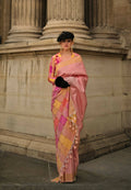 Dahlia Pinksoft Handloom Sik Zari & Thread Work, Contrast Pallu Saree - Rajtex Kube Silk