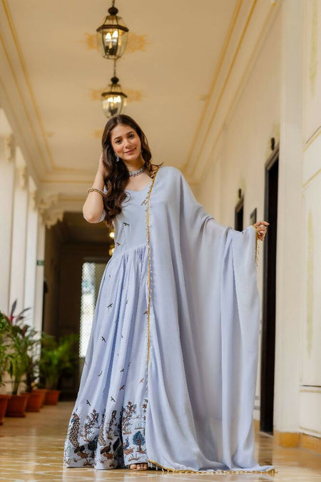 Teeya Creation Lavender Chinnon Heavy Work Long Wedding Gown