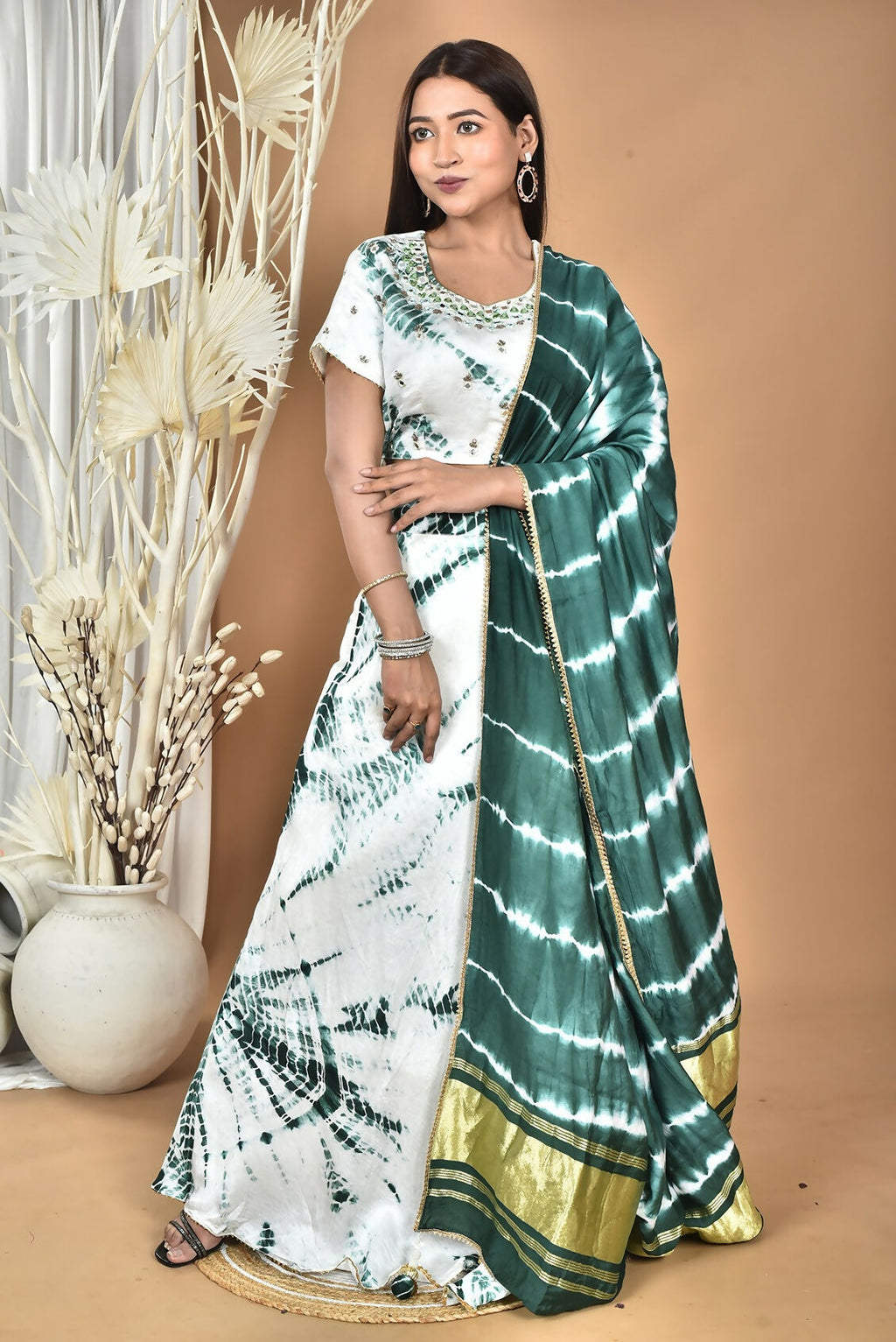 Morchari Women Tai Dai And Hand Embroidery Lehenga-Green