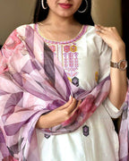 The52 Off White Women's Gorgeous Embroidered Viscose Chanderi Fabric Straight Kurta Pant with Dupatta Set - Distacart