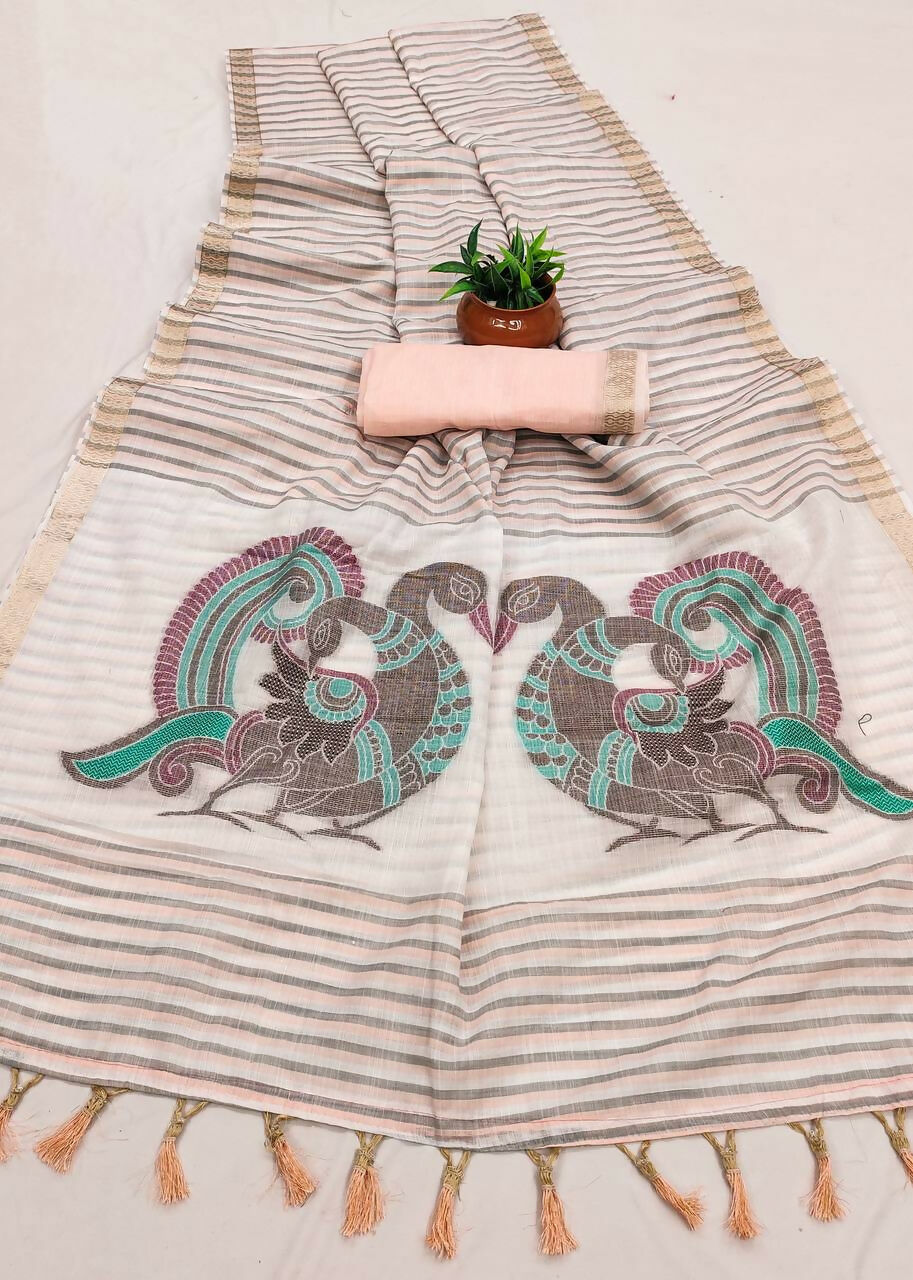 Vastranavya Peach Linen Cotton Meenakari Weaving Pallu Saree with Contrast Blouse - Distacart