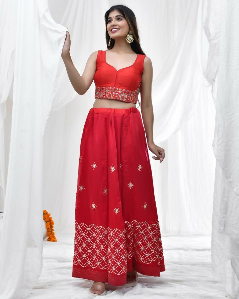 Amodini Designer Studio Red Blouse with Embroidered Waitband
