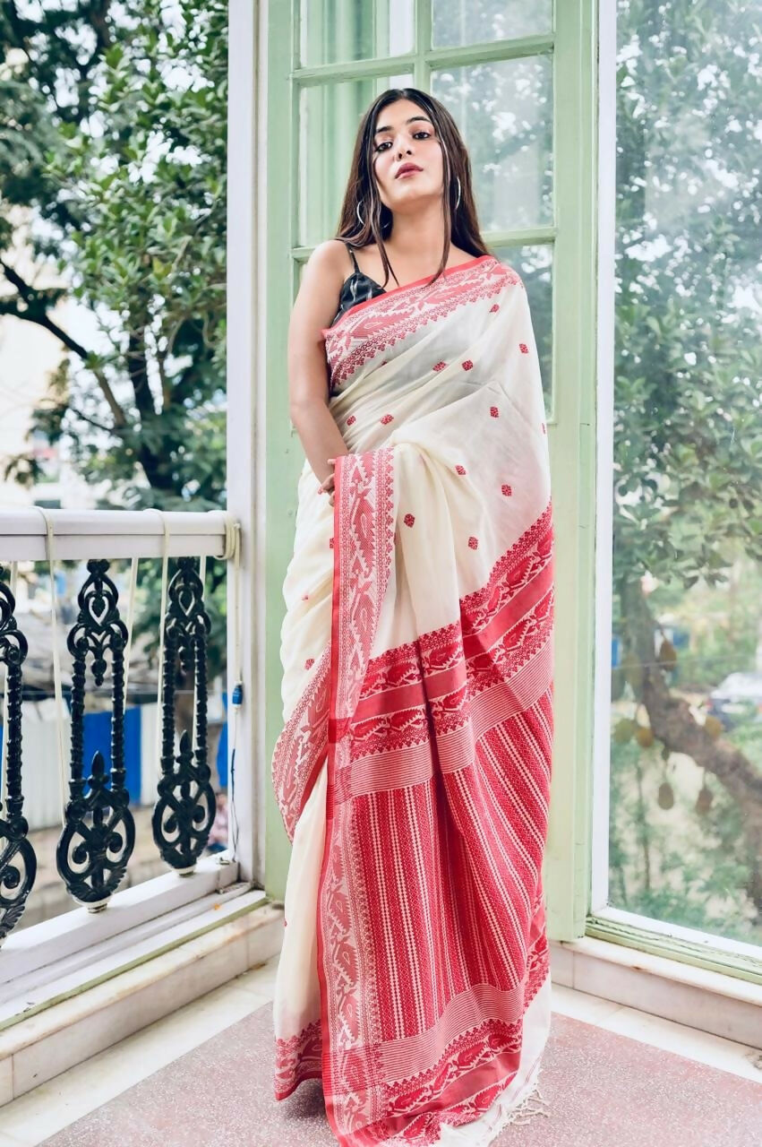 Exclusive Collection White Red Most Trending Beautiful Pure Cotton Handloom Saree