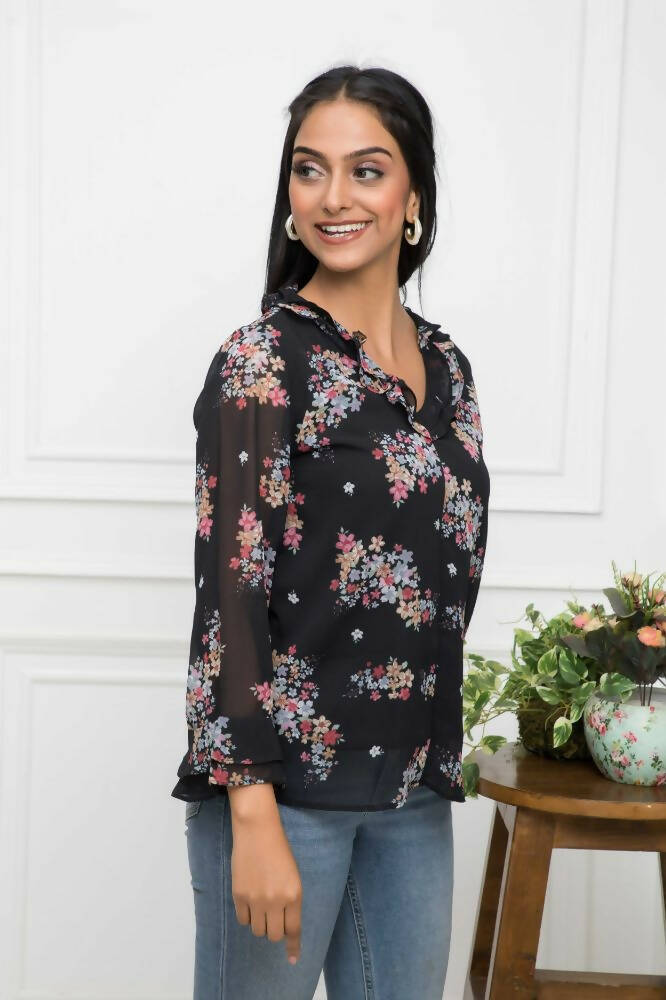 Myshka Women Black Floral V-Neck Regular Sleeves Synthetic Georgette Top - Distacart