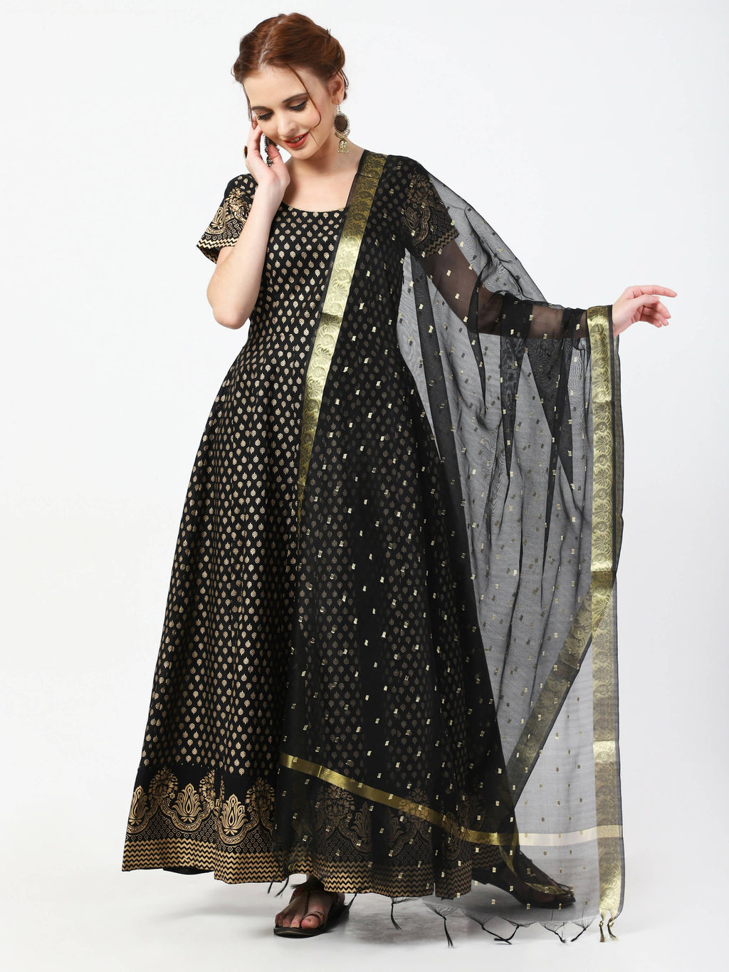Cheera Women's Black Cotton Hand Block Print Long Dress With Silk Dupatta Set