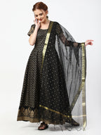 Cheera Women's Black Cotton Hand Block Print Long Dress With Silk Dupatta Set