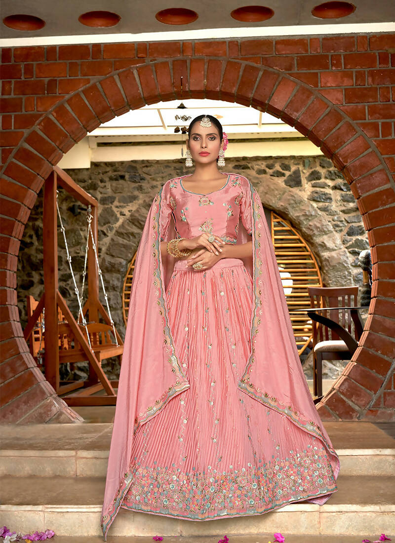 Pink Chinon Crushed Sequence and Thread Embroidery Work Lehenga Choli with Dupatta - Viharini