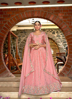 Pink Chinon Crushed Sequence and Thread Embroidery Work Lehenga Choli with Dupatta - Viharini