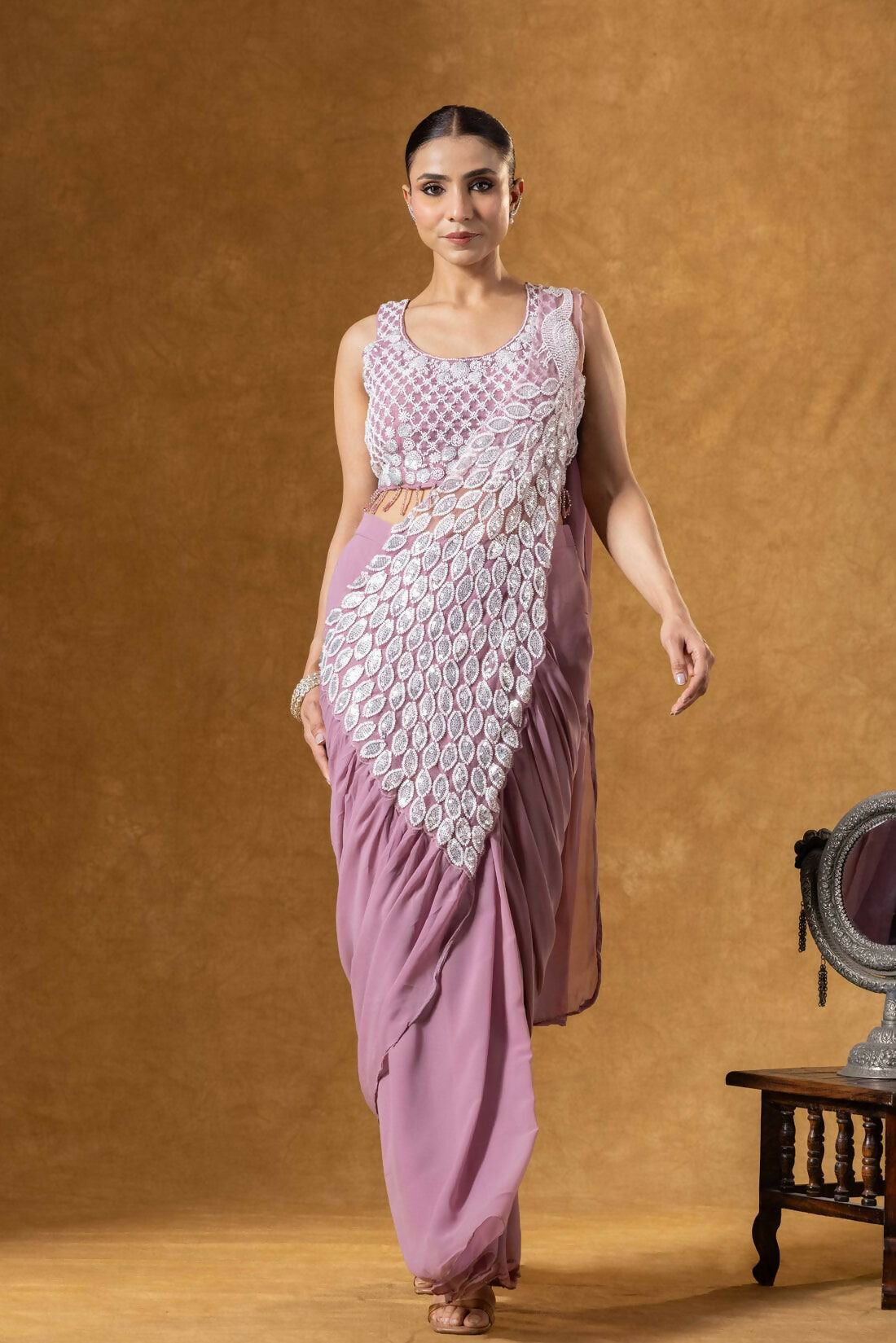 Teeya Creation Onion Color Faux Georgette Embroidery Work Party Wear Ready To Wear Saree - Distacart