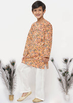 Little Bansi Boys Cotton Block Floral Kurta with Pearl Buttons & Pyjama in Orange & Cream