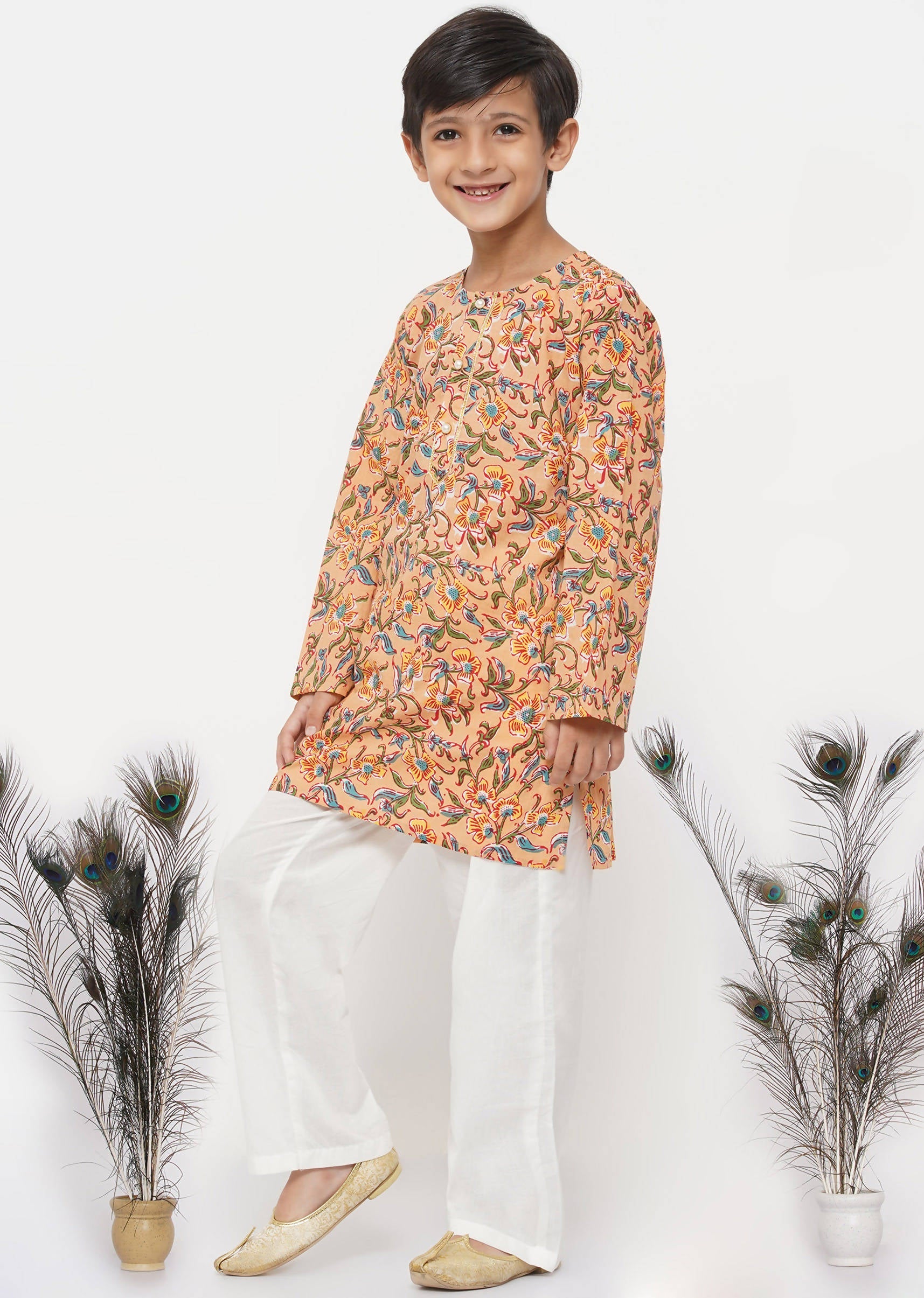 Little Bansi Boys Cotton Block Floral Kurta with Pearl Buttons & Pyjama in Orange & Cream
