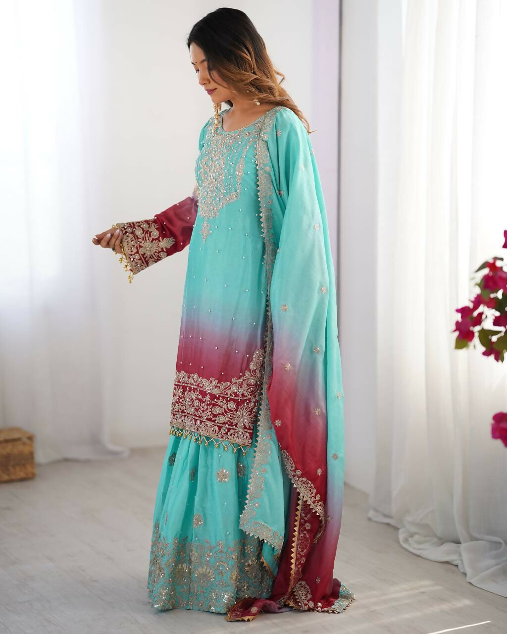 The52 Women's Beautiful Chinon silk Fabric Embroidery Work Straight Kurta Palazzo and Dupatta Set - Distacart