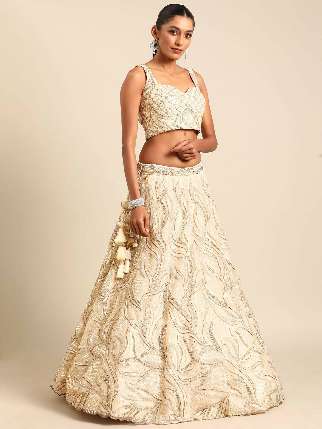House of Panchhi Cream Net Sequins and Zarkan embroidery Lehenga choli & Dupatta