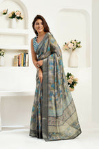 Joban Fashion  Dusty Brown Floral & Ethnic Motifs Linen Ready To Wear Saree With Unstitched Blouse - Distacart