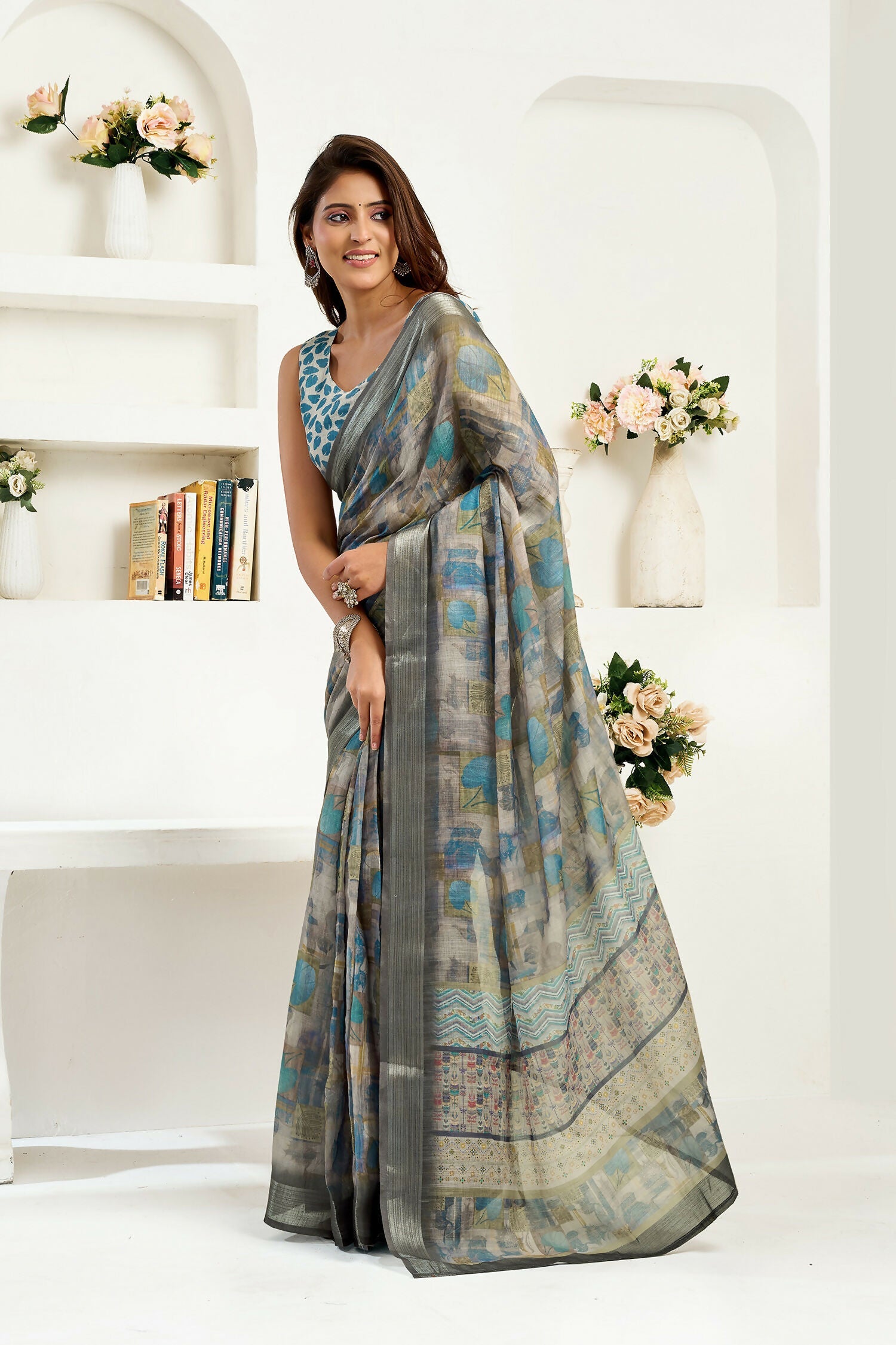 Joban Fashion  Dusty Brown Floral & Ethnic Motifs Linen Ready To Wear Saree With Unstitched Blouse - Distacart