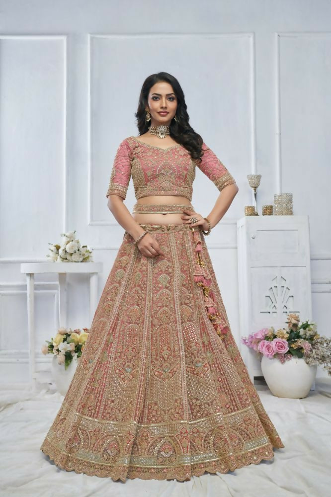 Kesar Fab Onion Net Embroidered Lehenga