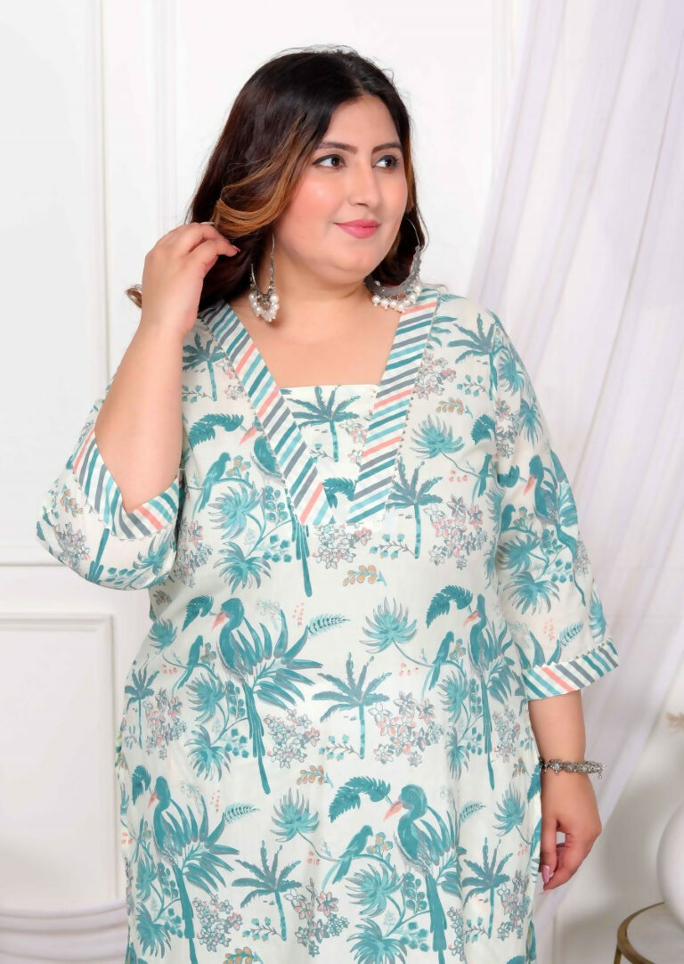 Miravan Women's Plus Size Cotton Light Green Scenic Birds And Leaf Floral Printed Straight Pakistani Style Kurta And Palazzo