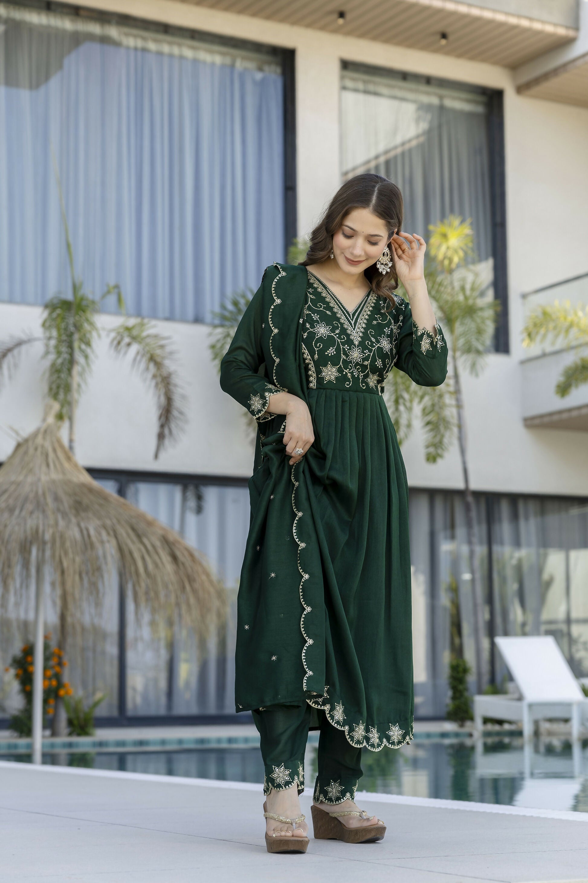 The52 Women's Beautiful Embroidery Work Vichitra Silk Fabric Flared Anarkali Pant and Dupatta Set - Distacart
