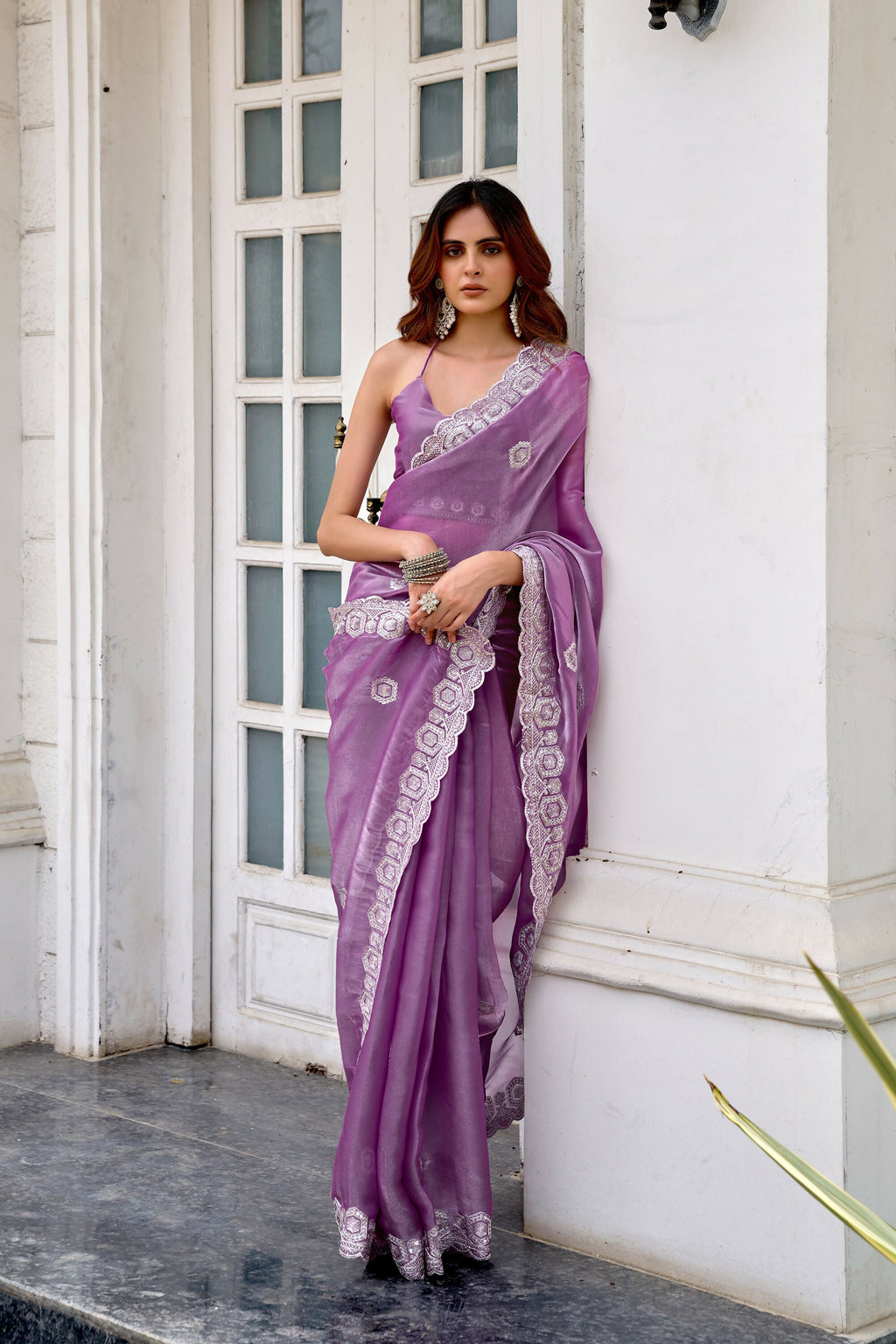 Vastranavya Lavender Embroidery Work Shimmer Chiffon Saree with Unstitched Blouse - Distacart