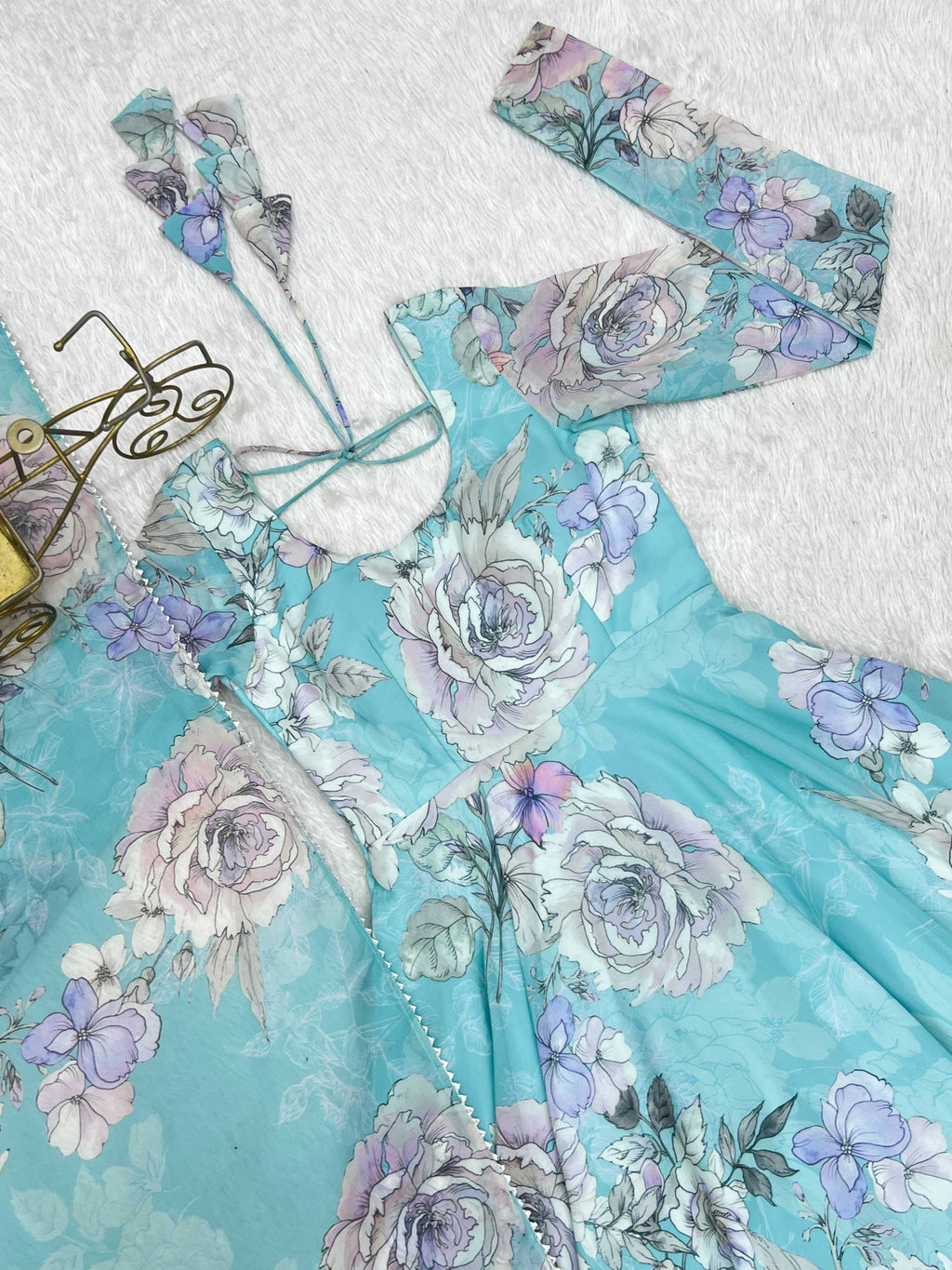 Evanik Skyblue Georgette Floral Print Fully Flair Gown Dupatta Ready To Wear - Distacart