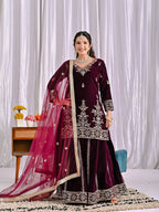 Joban Fashion Wine Velvet Sequence Embroidery Work Kurta Set - Distacart