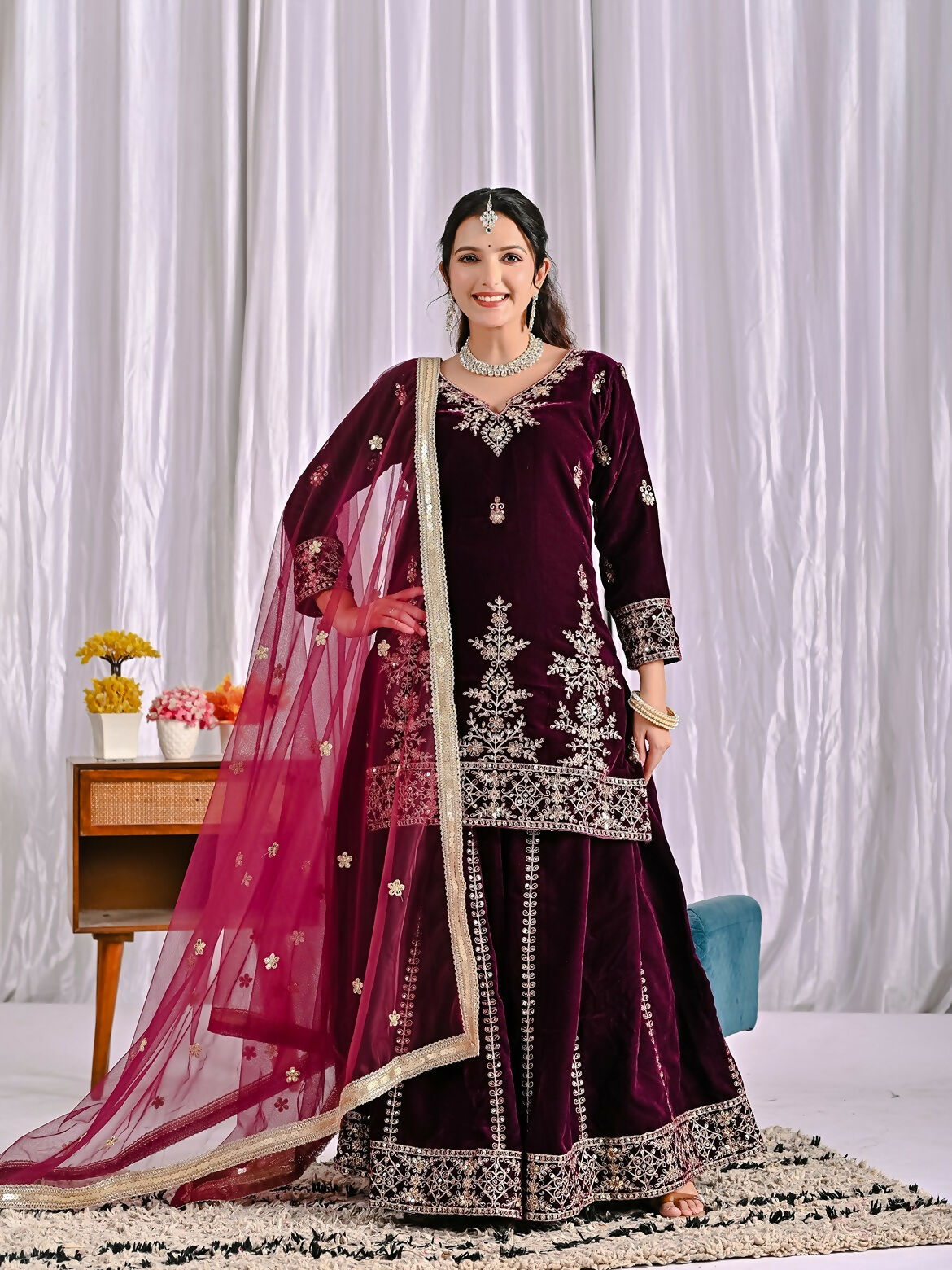 Joban Fashion Wine Velvet Sequence Embroidery Work Kurta Set - Distacart