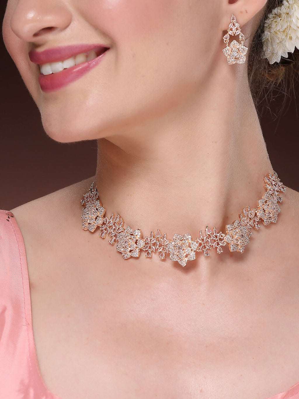 NVR Women's Rose Gold-Polished American Diamond-Studded Handcrafted Jewellery Set