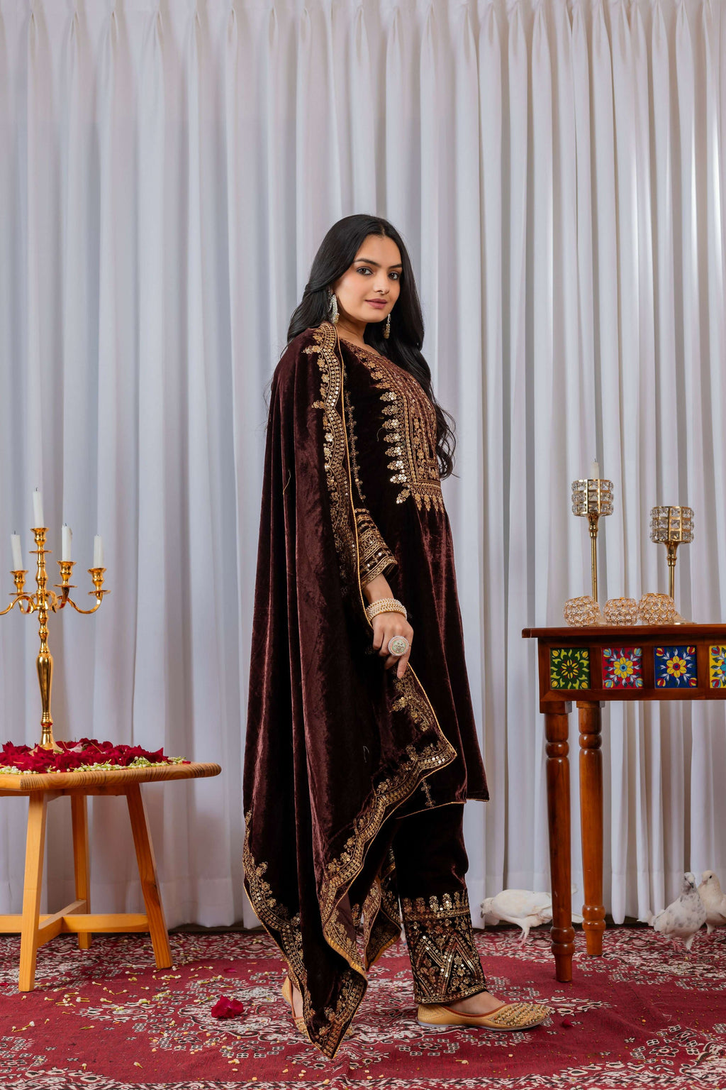 Teeya Creation Maroon Color Velvet Designer Embroidery Work party Wear Suit - Distacart