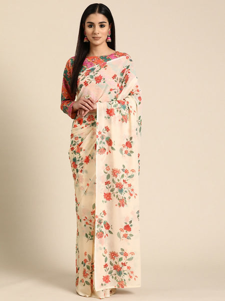 Ahalyaa Women's Traditional Semi Stitch Saree - Off White