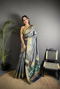 Joban Fashion Grey Banarasi Cotton Silk Woven Saree - Distacart