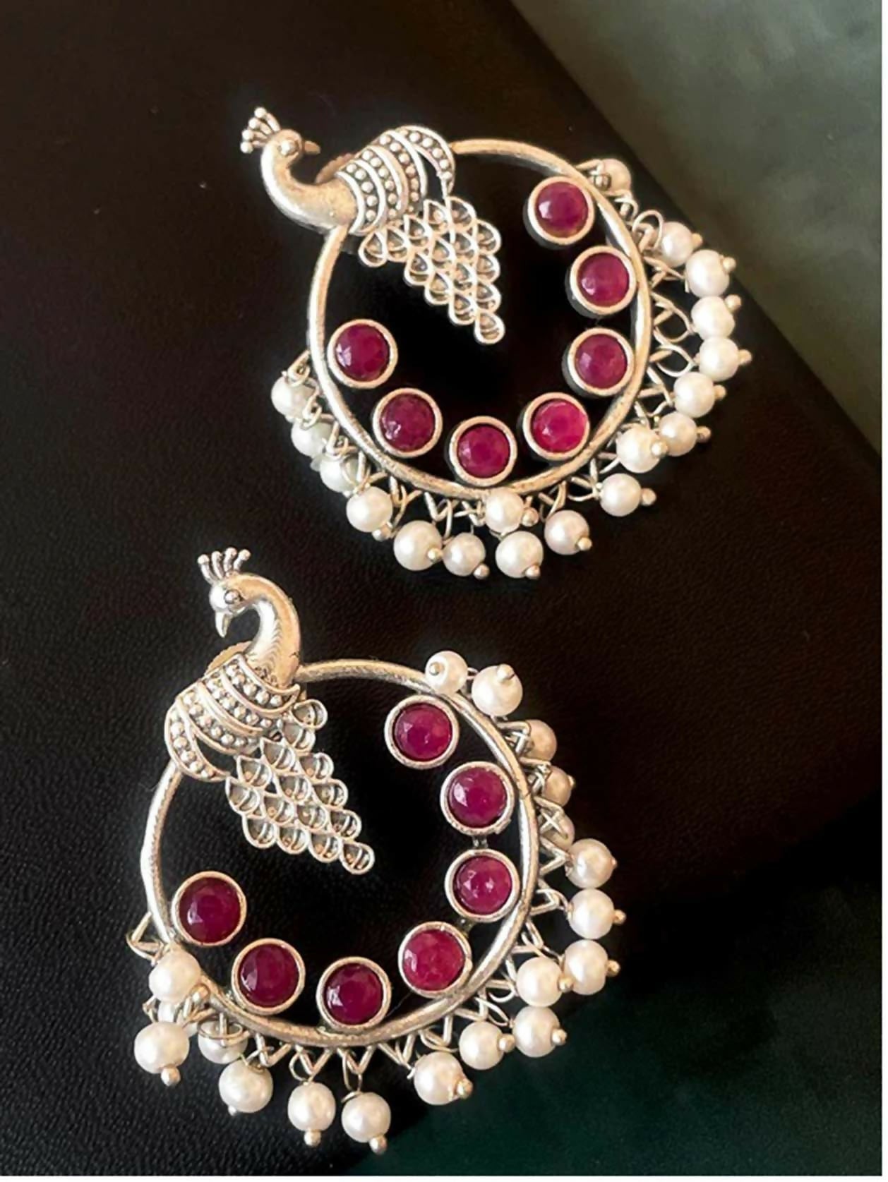 Joban Fashion Women Pink Silver Replica Peacock Shape Monalisa Stone Beaded Round Earring - Distacart