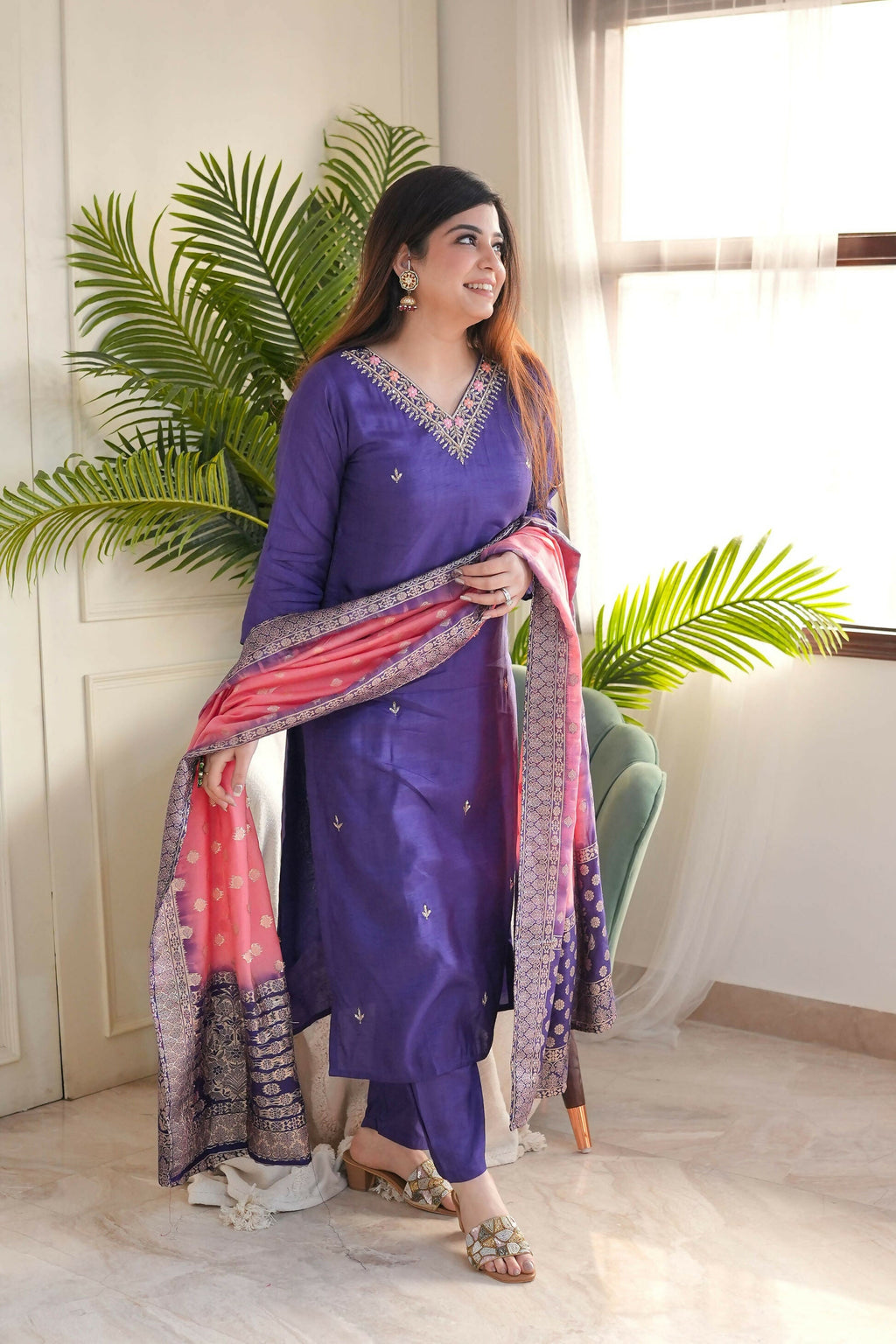 The52 Purple Women's Gorgeous Embroidered Vichitra Fabric Straight Kurta Pant with Dupatta Set - Distacart