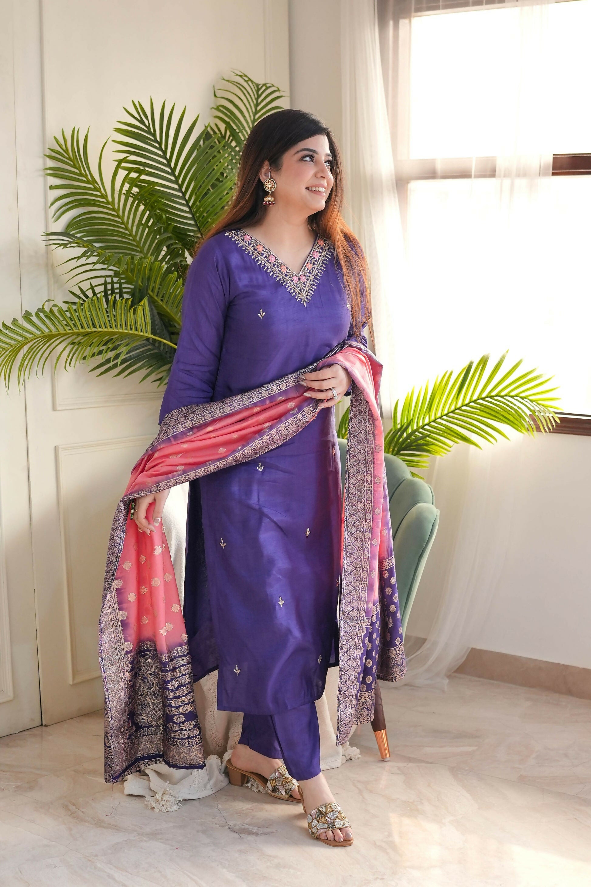 The52 Purple Women's Gorgeous Embroidered Vichitra Fabric Straight Kurta Pant with Dupatta Set - Distacart