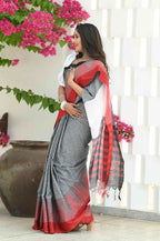 Beatitude Grey Temple Border Cotton Saree