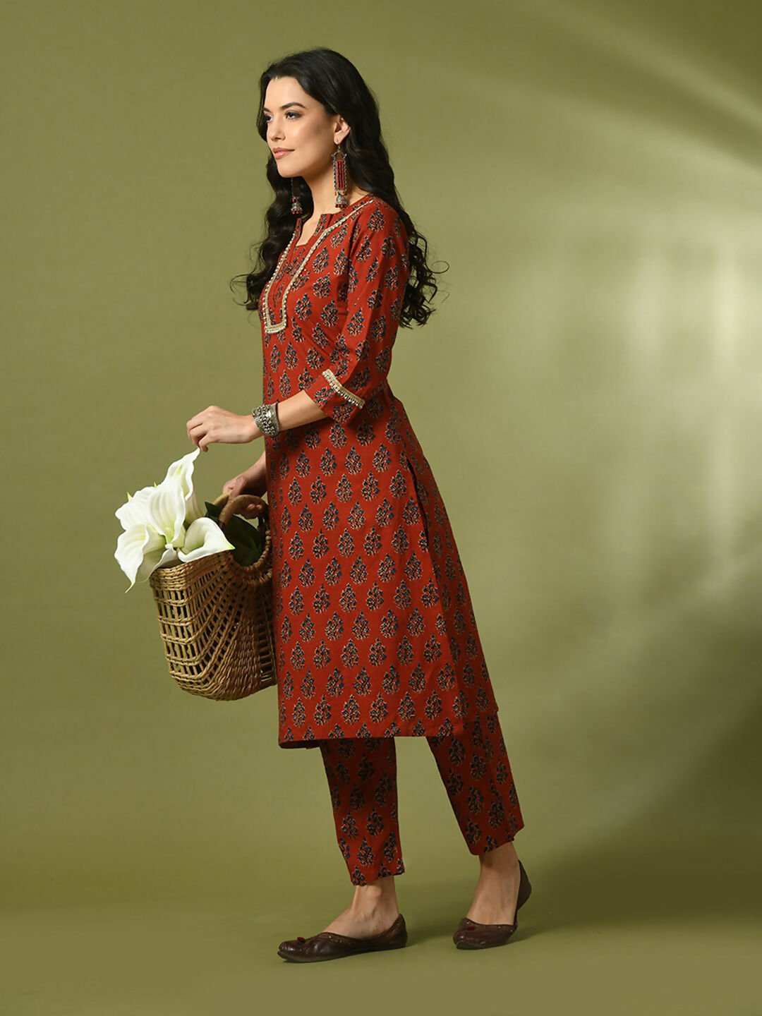 Myshka Women's Rust Printed Cotton Straight Party Kurta Set