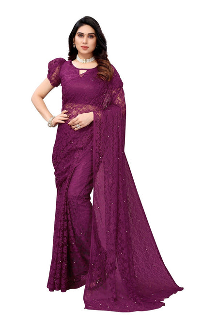 Vamika Ethnic Fire Purple Pearls Net Saree