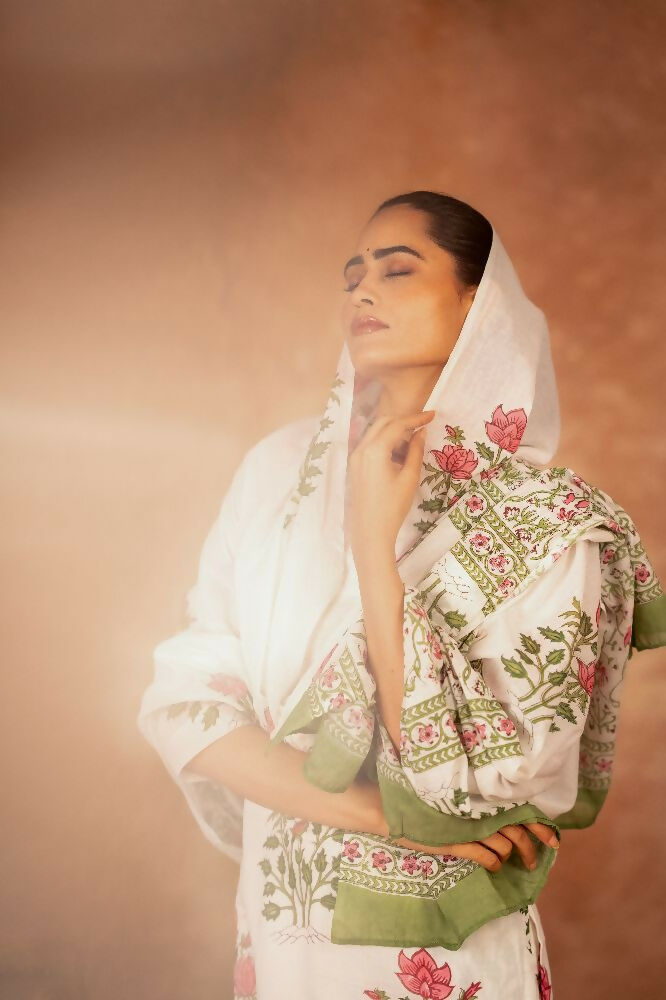 Joban Fashion Off White Red Hand Block Printed Cotton Suit Set - Distacart