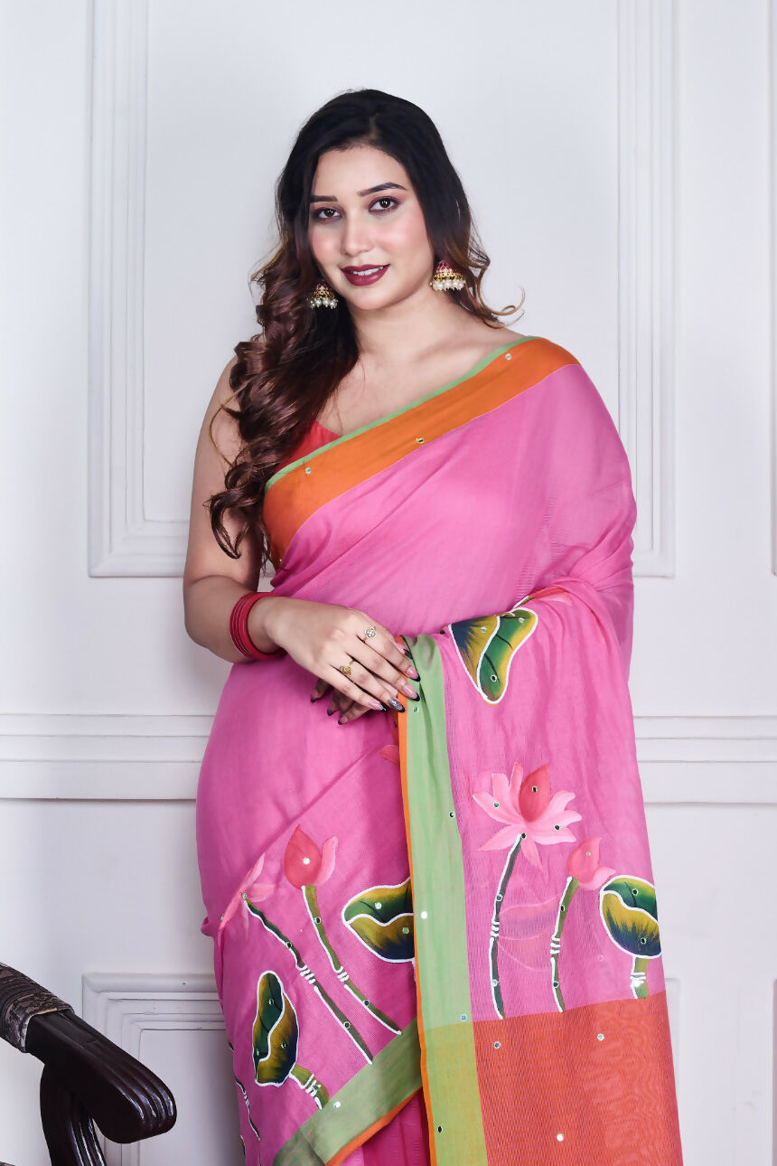 Morchari Multicolour Cotton Handloom Mirror Work Saree Unstitched Blouse - Distacart